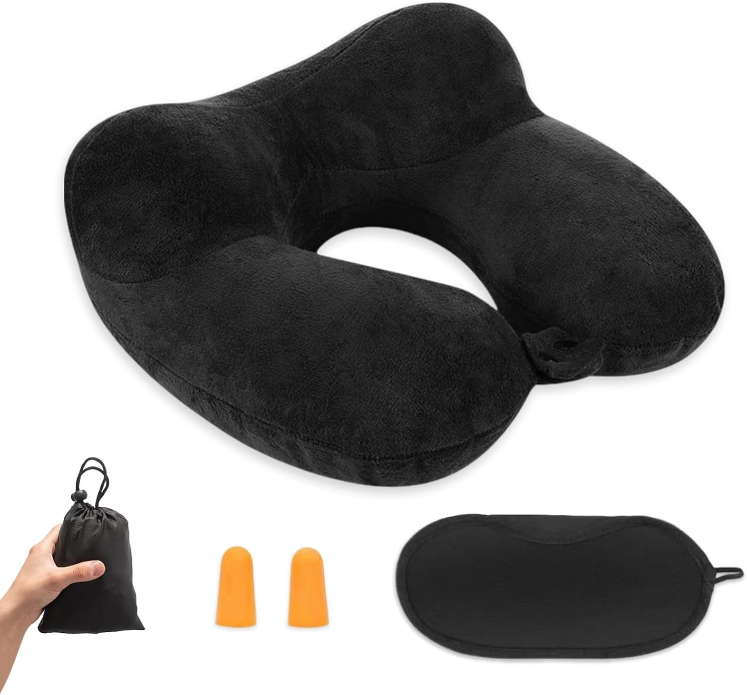 Oreiller de Voyage Gonflable, Compact Coussin de Voyage, Coussin de Voyage Avion Gonflable, Support de Cou en Velours Doux pour l’avion, Le Train, la Voiture et Le Bureau avec Masque pour Dormir, Noir