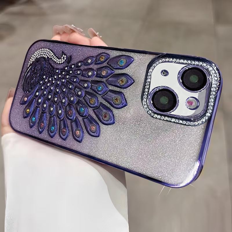 Image of mobistyle Case for iPhone 15 Plus,3D Diamond Luxury Electroplate Glitter Peacock Tail Bling Design Camera Protection Shockproof Phone Case for (Purple, iPhone 15 Plus)