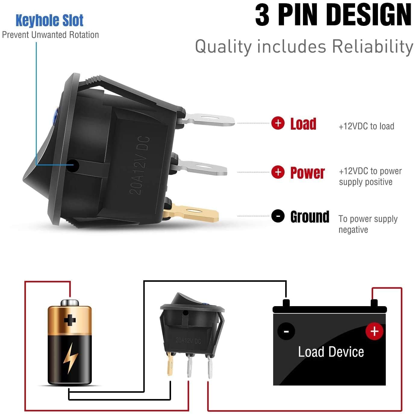 Taiss/3 Pièces Voiture Interrupteur à Levier 12V 20A ON/OFF 2 Positions 3 Broches SPST Métal Interrupteur à Bascule LED Bleu éclairé Pour Bateau Auto Camion ASW-07DBU