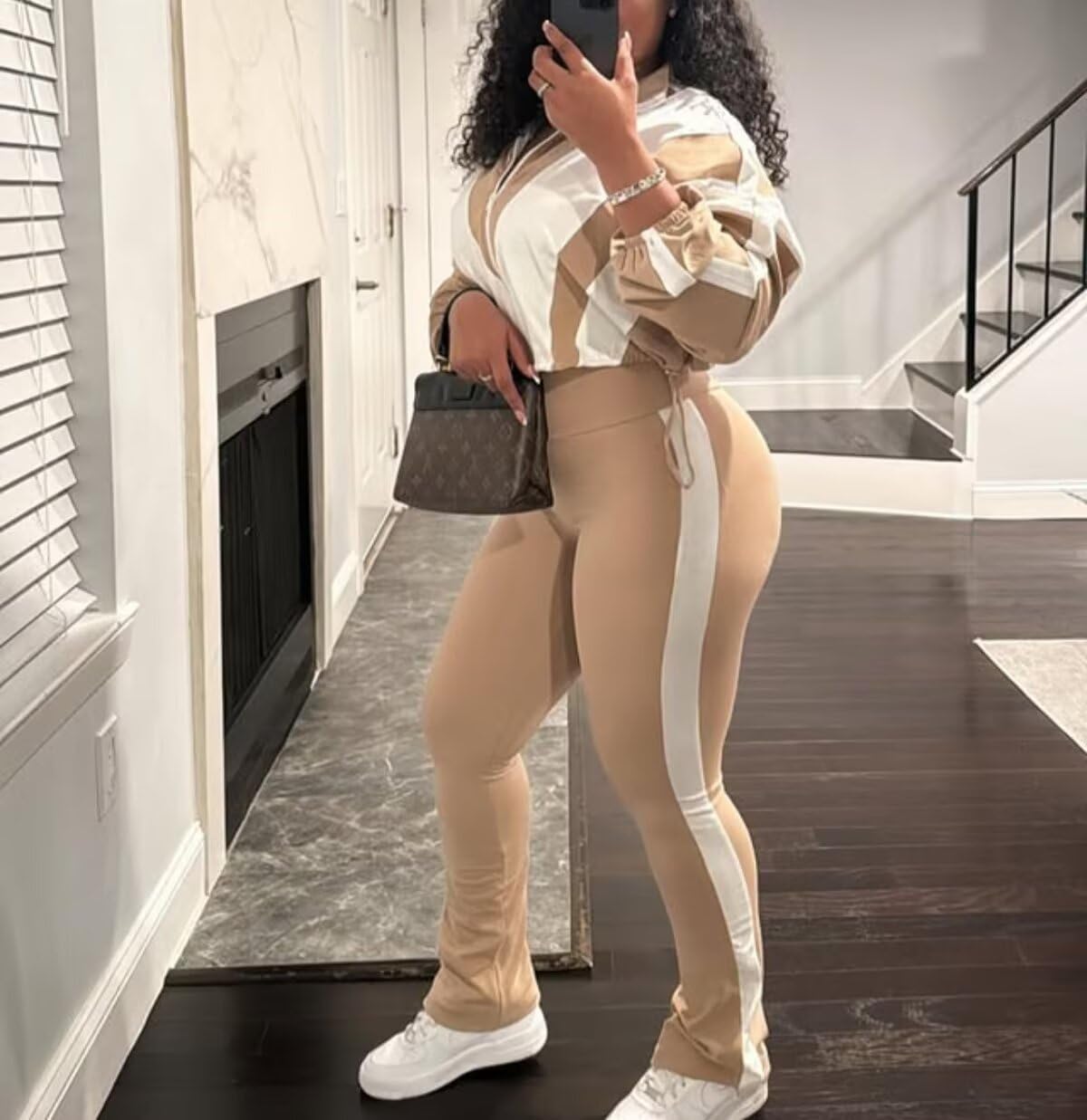 Remelon Womens 2 Piece Sweatsuits Color Block Long Sleeve Zipper Cropped Jacket Legging Pants Set Tracksuit Jogger Outfits - Image 3