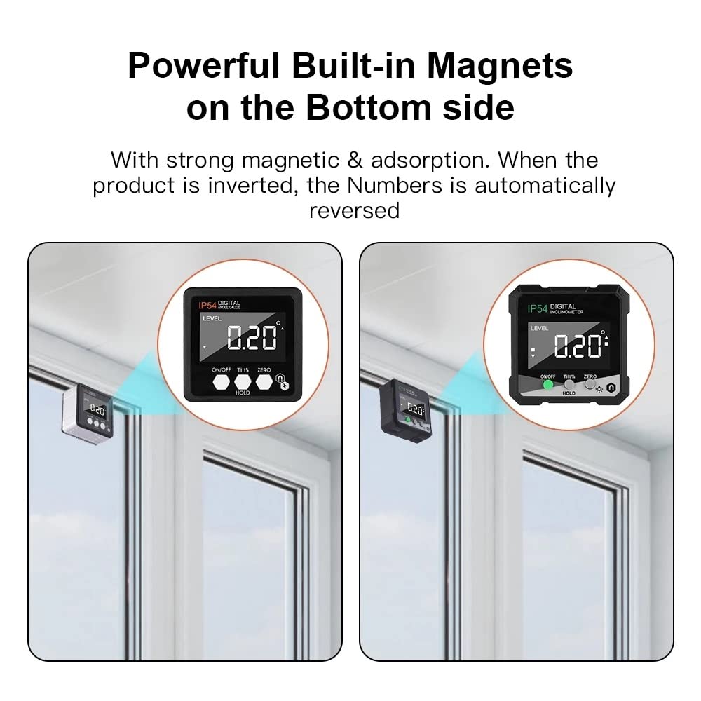 IP54 4 * 90 ° Goniometro elettronico del magnetica inclinometro digitale Lcd. Retroilluminatore a retroilluminato Pendio Misuratore angolo righello singolo lato(3-Pack)