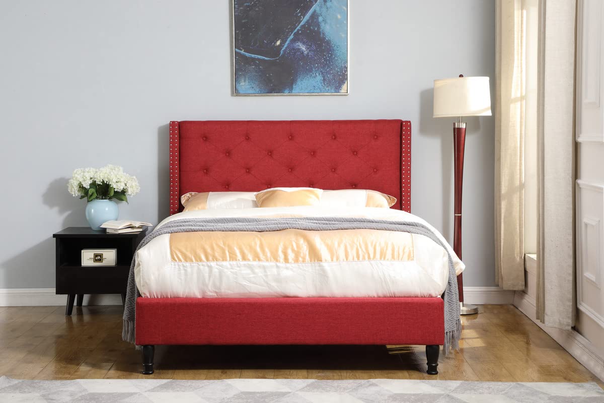 Full Upholstered Platform Bed Frame with 51" Tall Headboard - Button Tufted Cloth Bed - Wood Slat Support with Storage Space - No Box Spring Needed -