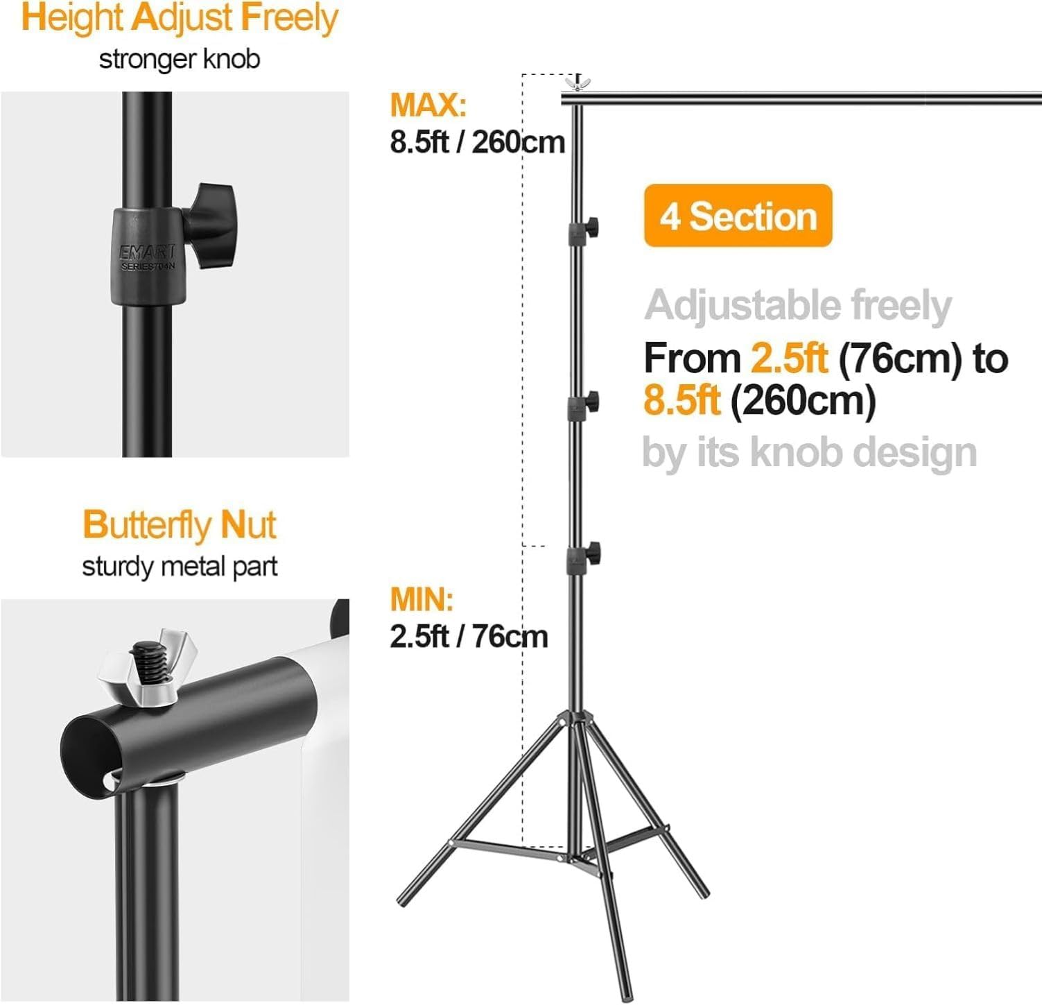 EMART Supporto di Fondo Fotografia 2,6 m x 3 m, Kit di Supporti di Fondale Regolabile per Studio Fotografico, Feste, Matrimoni