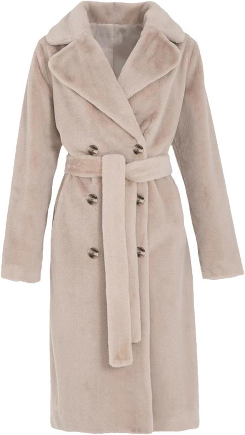 Full Long Faux Fur Trench Coat for Womens Double Breasted Pea Coats Long Sleeve Lapel Winter Shaggy Jackets with Belt