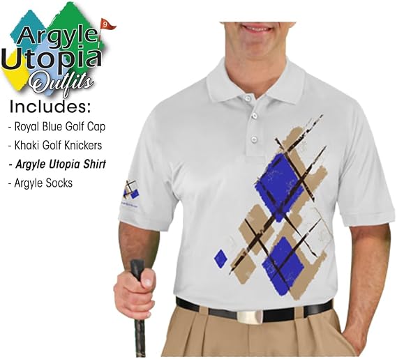Argyle Utopia Outfit - Mens WWWW: Khaki Royal Blue and White Complete Golf Outfit - Waist Size 26 - Shirt Size X-Large