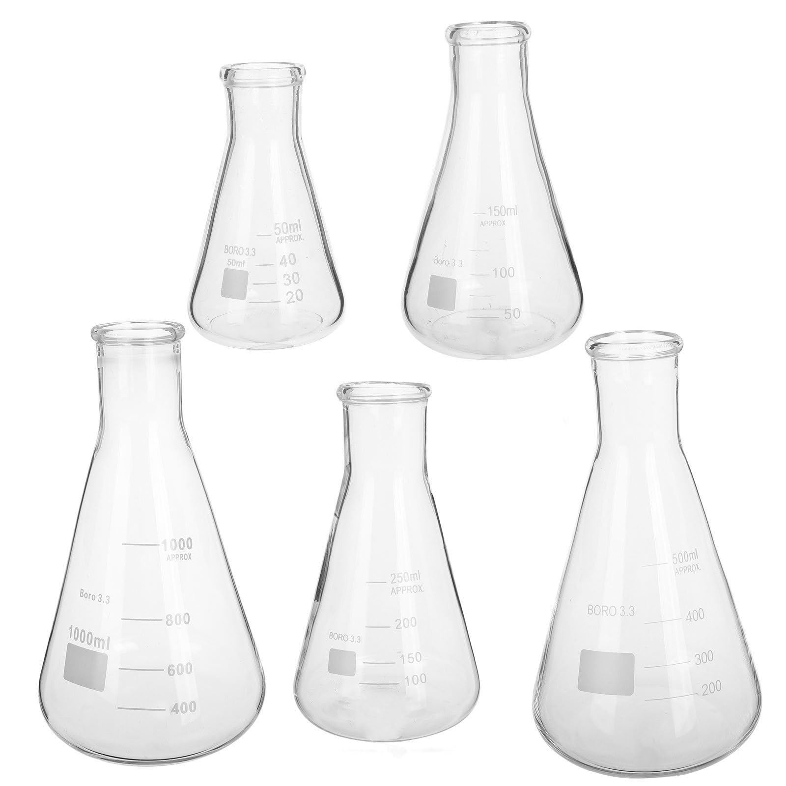 Veemoon Matraces Erlenmeyer Capacidad de 50ml a 1l de de Borosilicato Juego de 5 Forma Cónica y Base Triangular para y Científicos