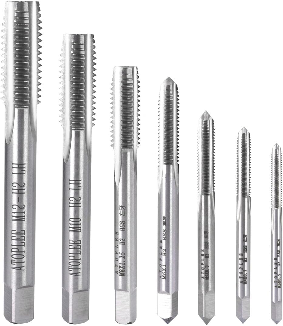 ATOPLEE 7pcs Metric M2 HSS 6542 Left Hand Thread Tap Set, M3 M4 M5 M6 M8 M10 M12