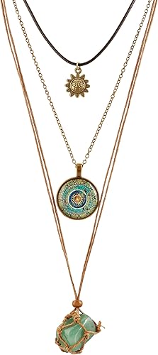MINACHI Collar de múltiples capas de estilo retro bohemio, sol de cristal verde y colgante floral, joyería étnica para mujer