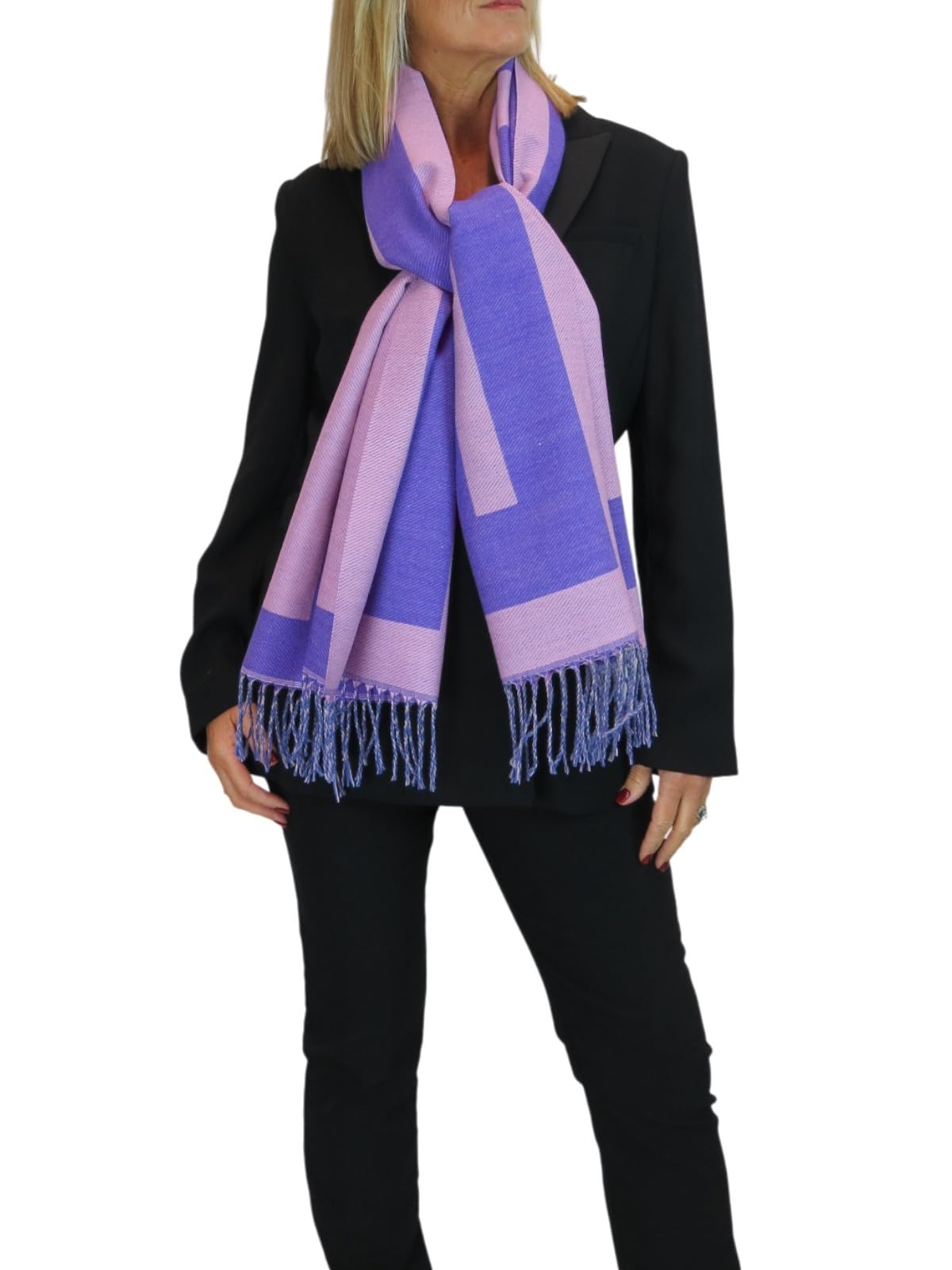 Paulo Due Women's Purple Wool Scarf Supersoft Geometric Design Pashmina With Tassel Ends, Large Cosy Neck Wrap For Winter, Elegant Gift For