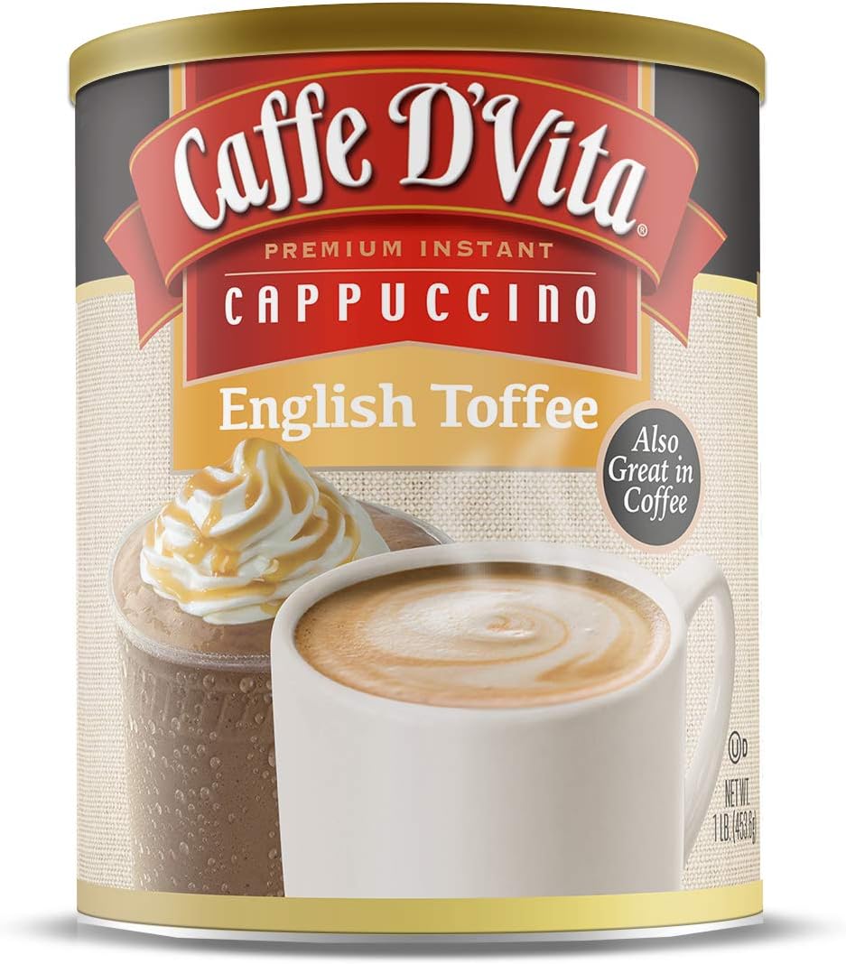 Caffe Da'Vita English Toffee Cappuccino Mix - Instant Cappuccino Mix, Gluten Free, No Cholesterol, No Hydrogenated Oils, No Trans Fat, 99% Caffeine Free, Flavored Instant Coffee - 1 Lb Can