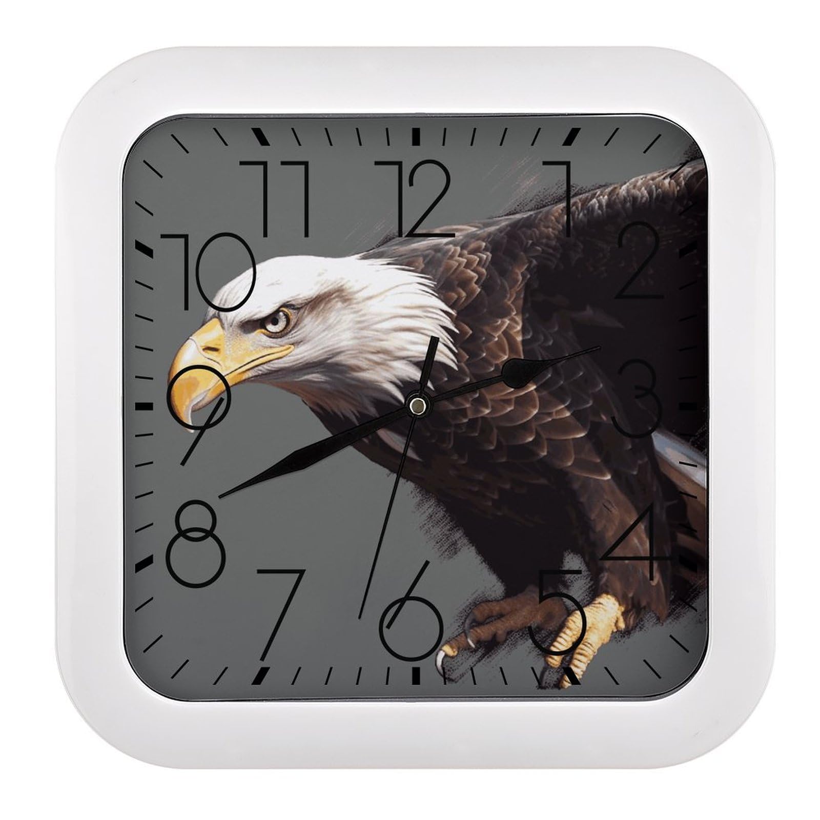 Horloge murale carrée de 25,4 cm à piles avec mécanisme silencieux et motif aigle noir
