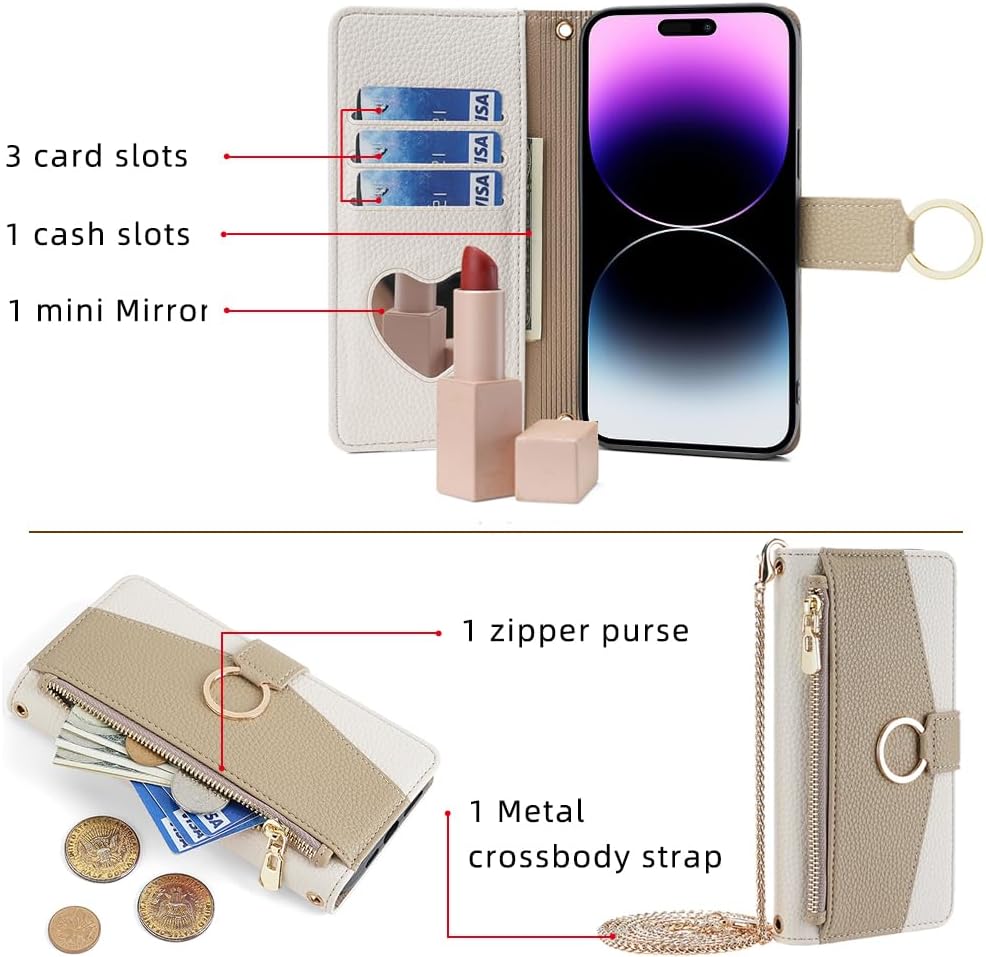 Wallet Case with Crossbody Strap Compatible for Oppo A60, Magnetic Handbag Zipper Pocket Cases PU Leather Flip Shockproof Cover with Kickstand White