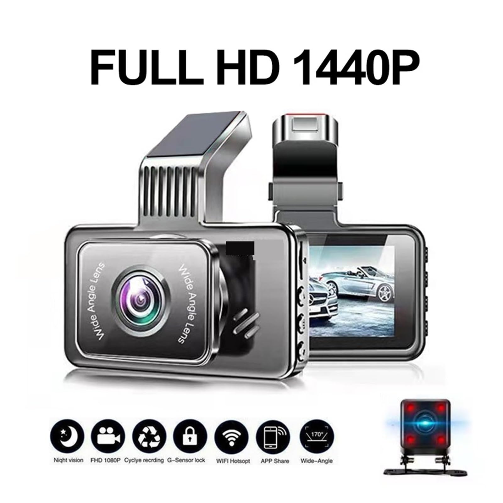 Przód kamery samochodowej Kamera samochodowa 1440P Rejestrator jazdy Samochodowa kamera HD Dwuobiektywowy Wbudowany rejestrator DVR Dashcam Podwójne nagrywanie Ukryty monitoring Łatwa instalacja (Col