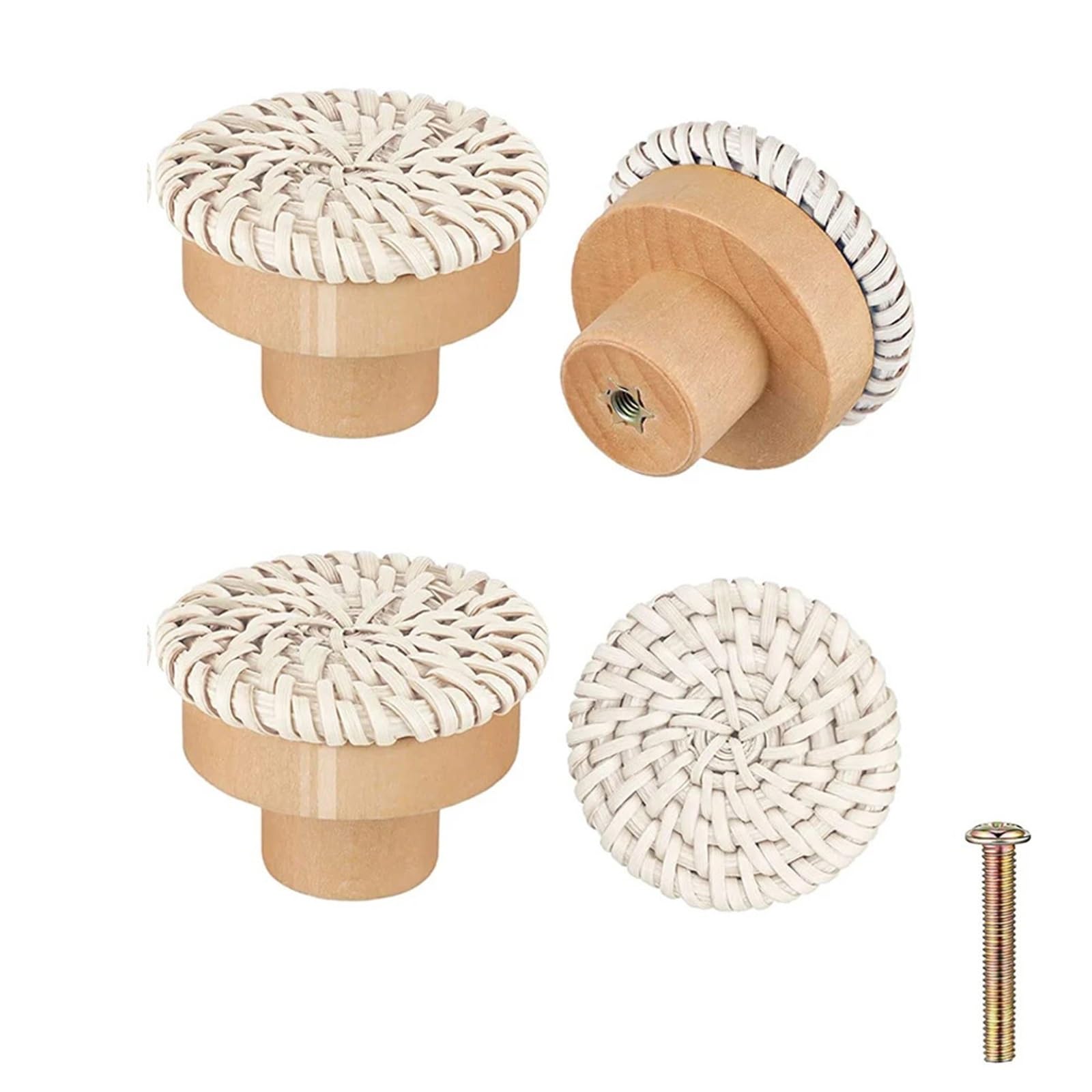 Lsnnmu One Color 24Pcs Rattan Wooden Handles Round Handmade Cabinets Drawer Pulls Wood Kitchen Cupboard Wardrobe Door Dresser Knobs For Home