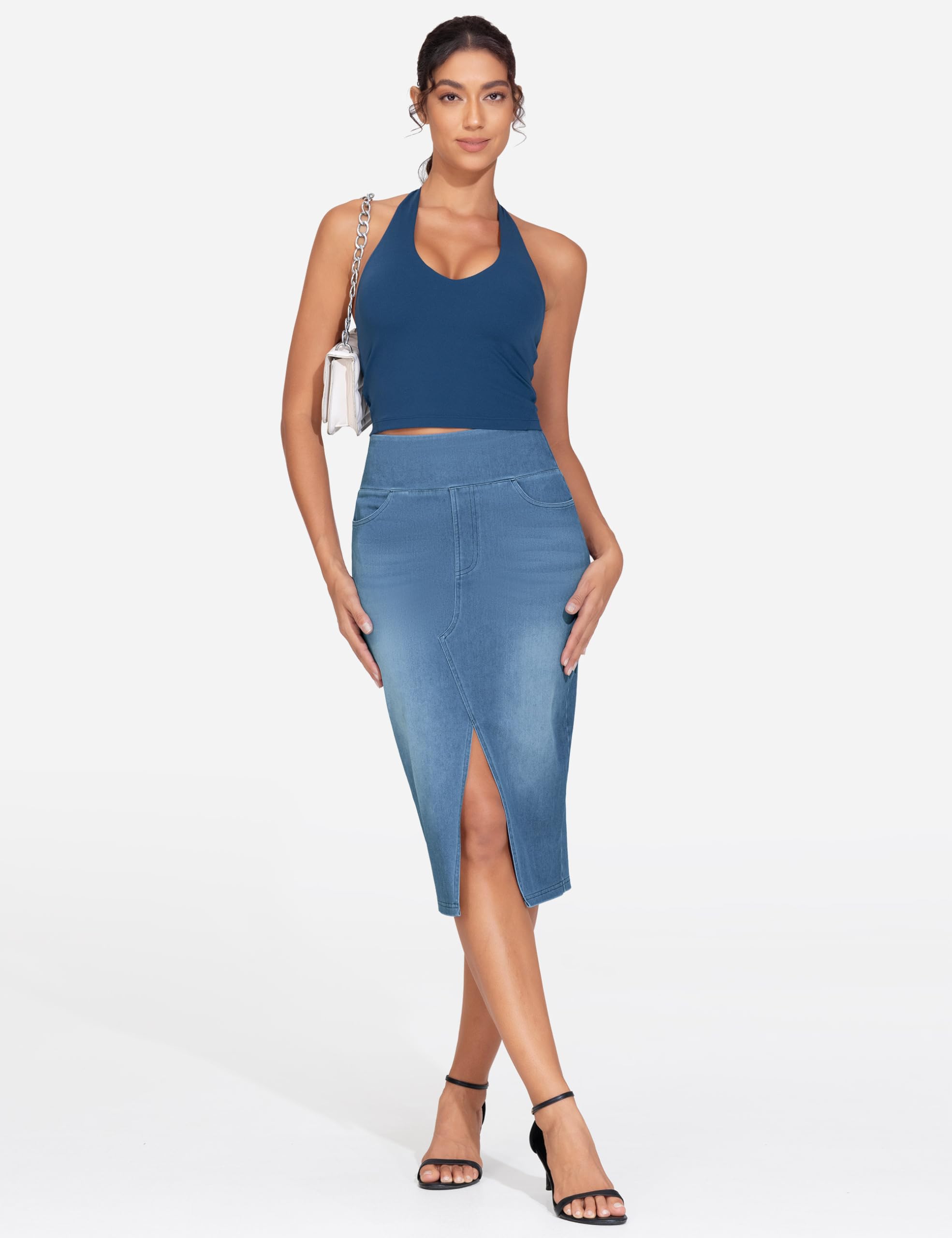 THE GYM PEOPLE Gonna da donna in jeans elasticizzata a vita alta, con spacco frontale, gonna midi in denim con tasche