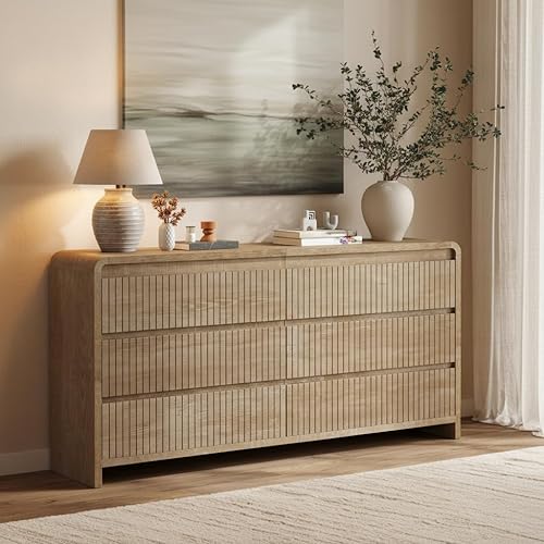 53" Buffet Cabinet with Drawers, Curved Sideboard Buffet with Storage, TV Stand with Mount & Power Outlet, Modern Console Cabinet for 26''-75'' TVs for Dining Room, Living Room, Natural