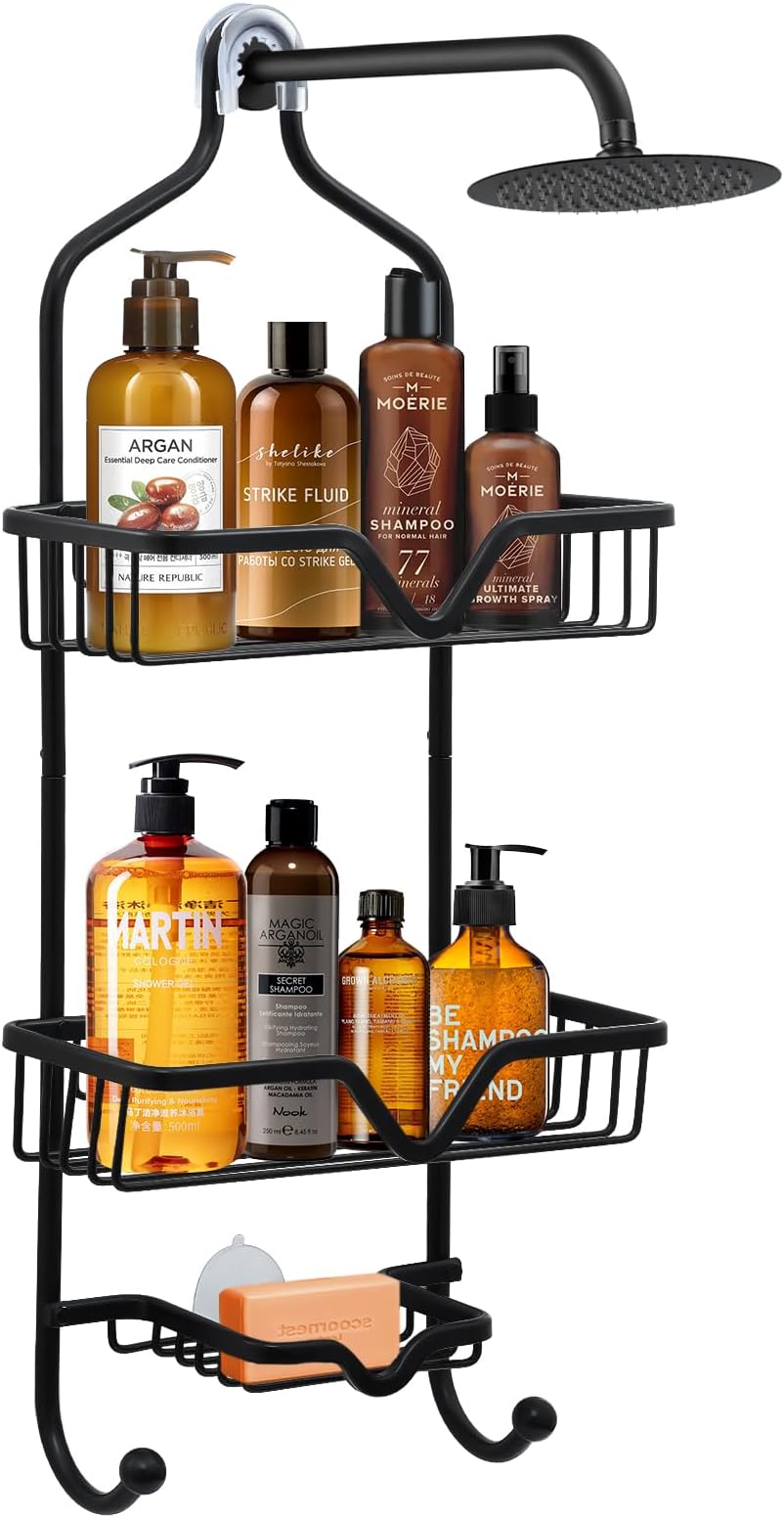 Hanging Shower Organizer, Rustproof Aluminum Hanging Shower Caddy Over Shower Head No Drilling Over the Shower Head Caddy with Hooks for Towels and Sponge, Shower Caddy Black
