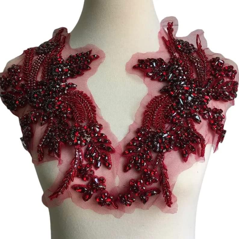 Hand-Made Beaded Rhinestons DIY Clothing Appliques Patch,Beaded Applique for Wedding Dress Decoration,Rose Gold/Pink/Silver/Red/Black Flower Applique by Pair (Wine-B)