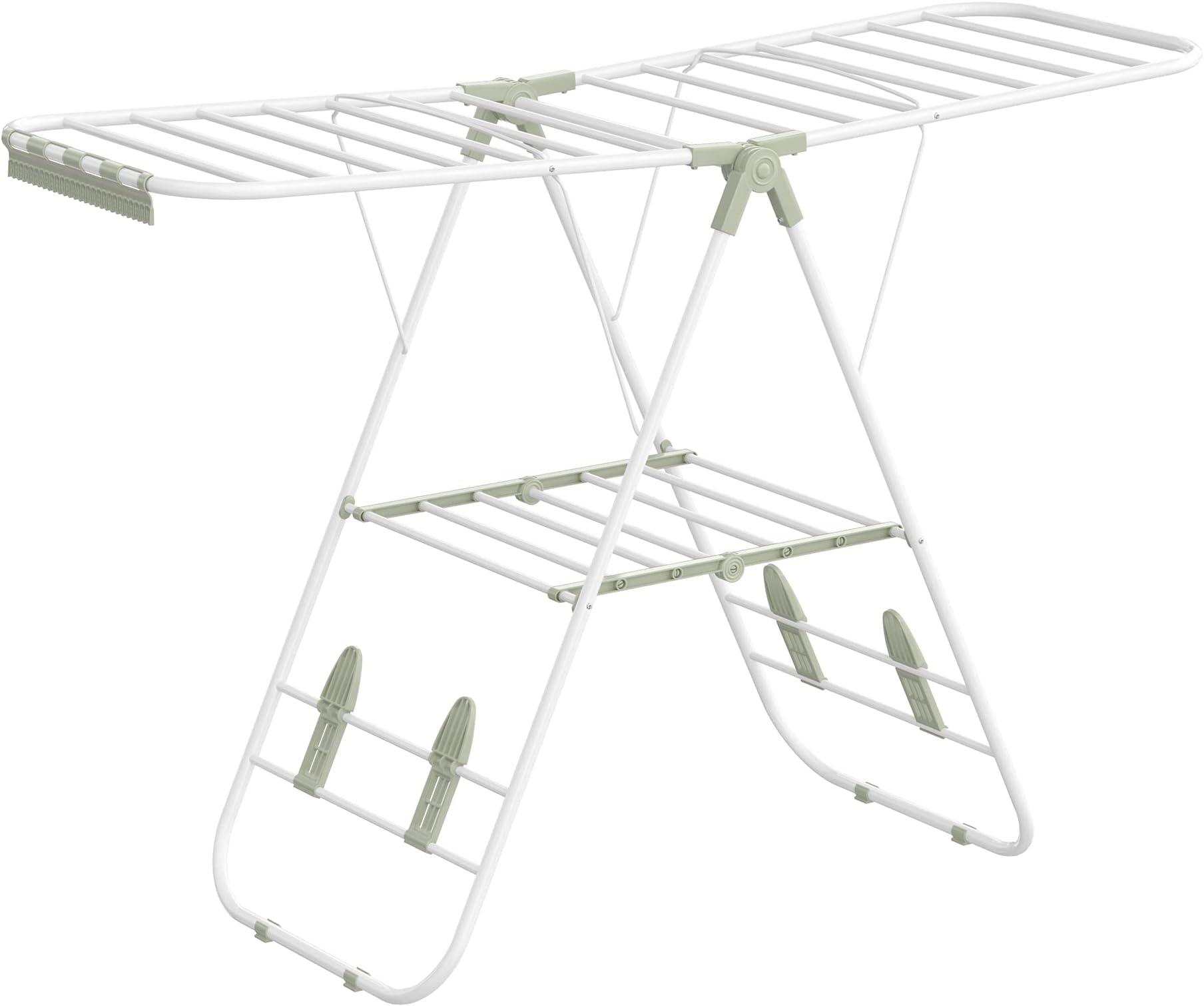 SONGMICS Clothes Airer, Foldable Clothes Drying Rack, Clothes Horse with Height-Adjustable Wings, Free-Standing Laundry Drying Rack, Indoor and Outdoor Use, Steel, White and Green LLR502C01