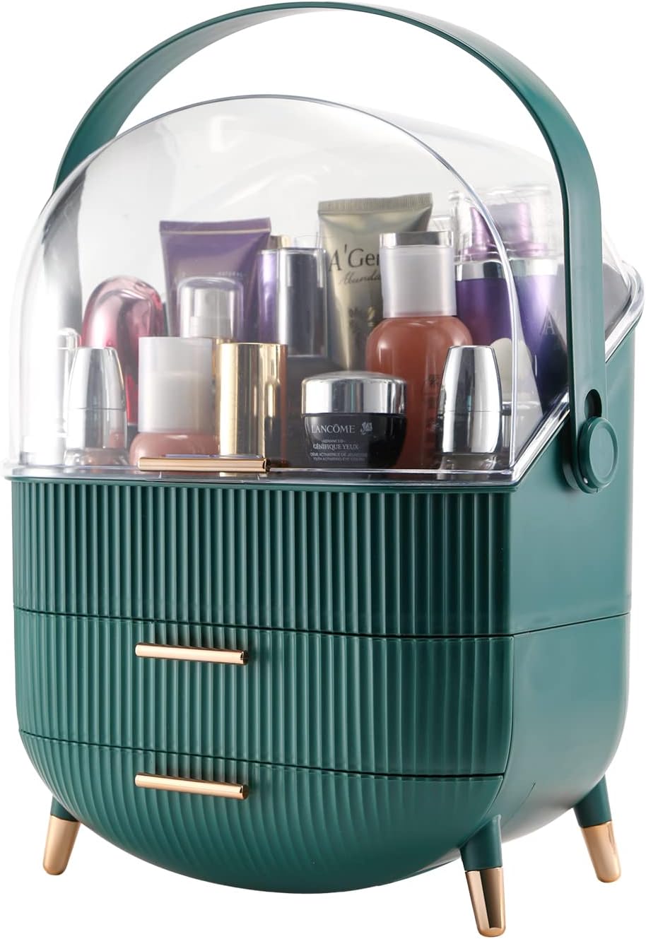 Makeup Organizer,Cosmetics Display Case With 2-Layer Storage Box,Waterproof And Dustproof,Skincare Storage Box (Green B)