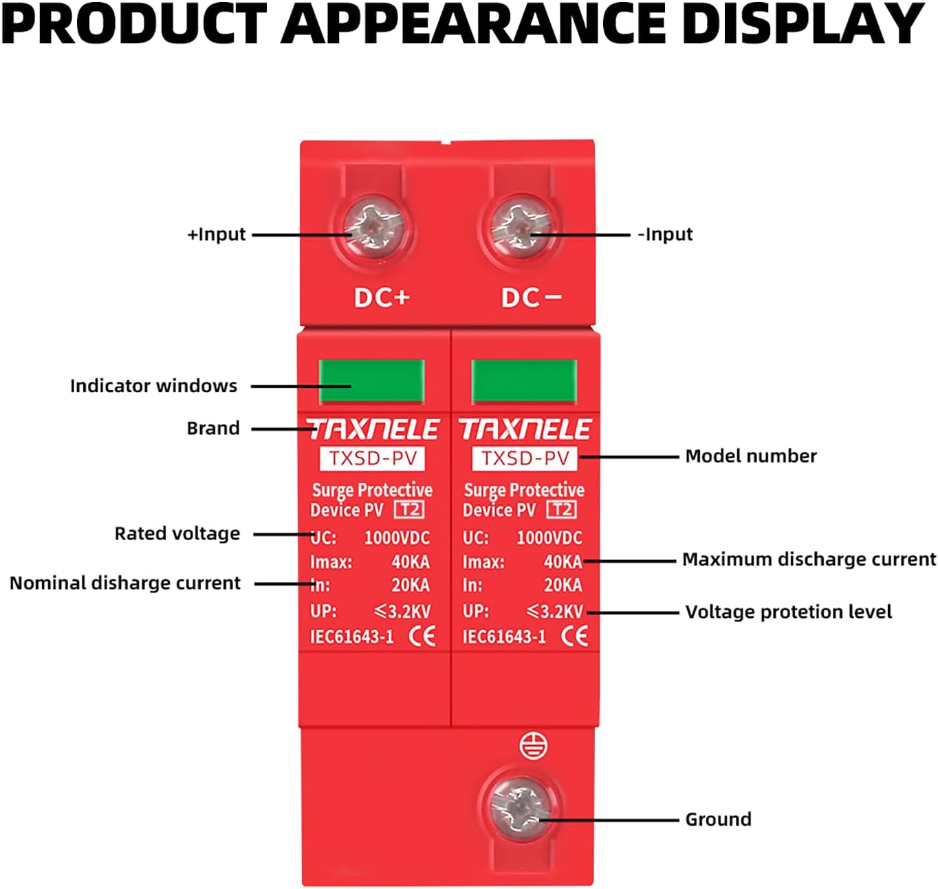 Surge Protective Arrester Device Rail Installation 2P DC SPD 1000V 600V Photovoltaic Lightning Protector House Surge Protective Low-Voltage Arrester Device 40KA (DC 600V)