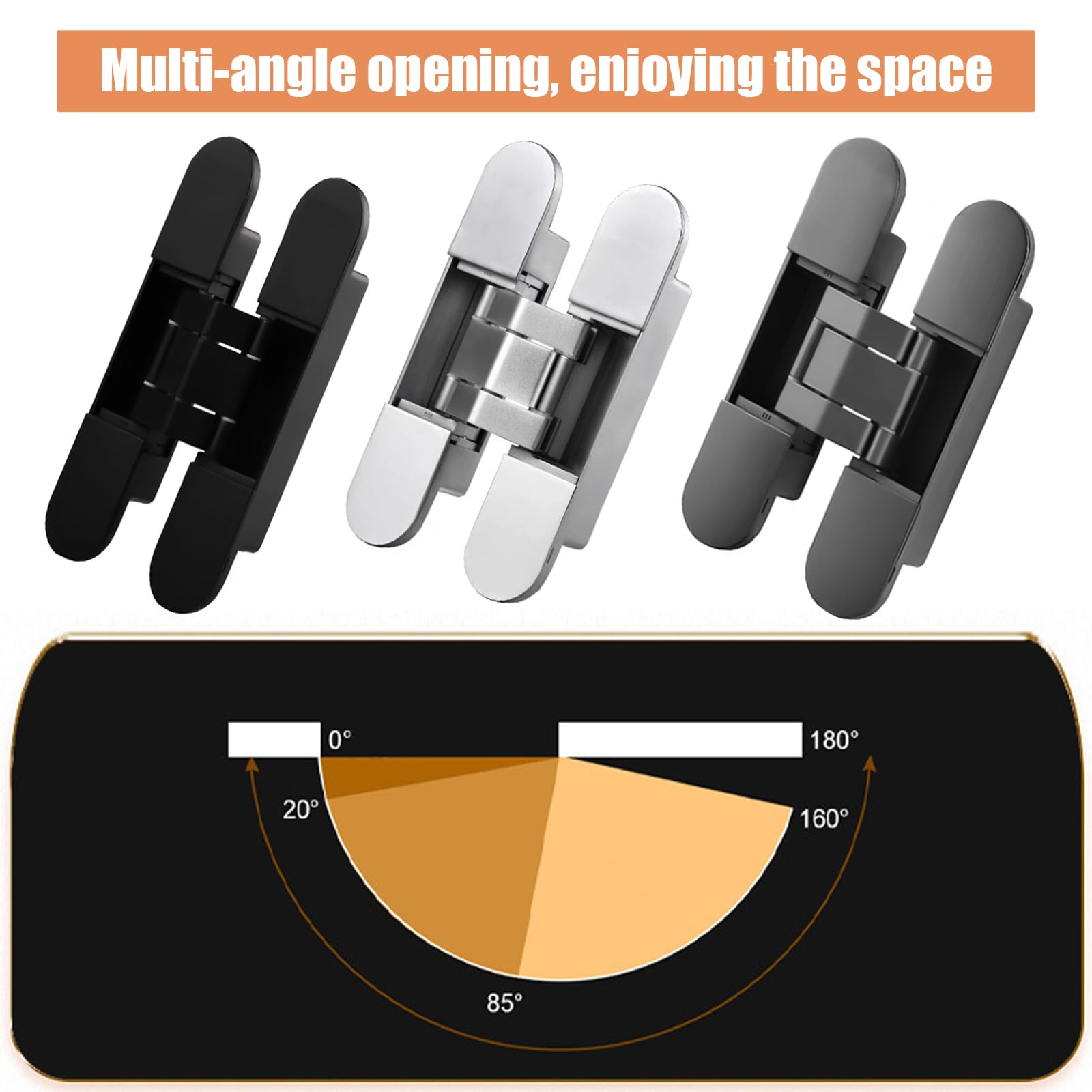 Lot de 2 charnières de porte cachées, pivotantes à 180 °, noires, 3 positions de réglage, pour porte invisible et silencieuse, noir, 110 x 25 mm
