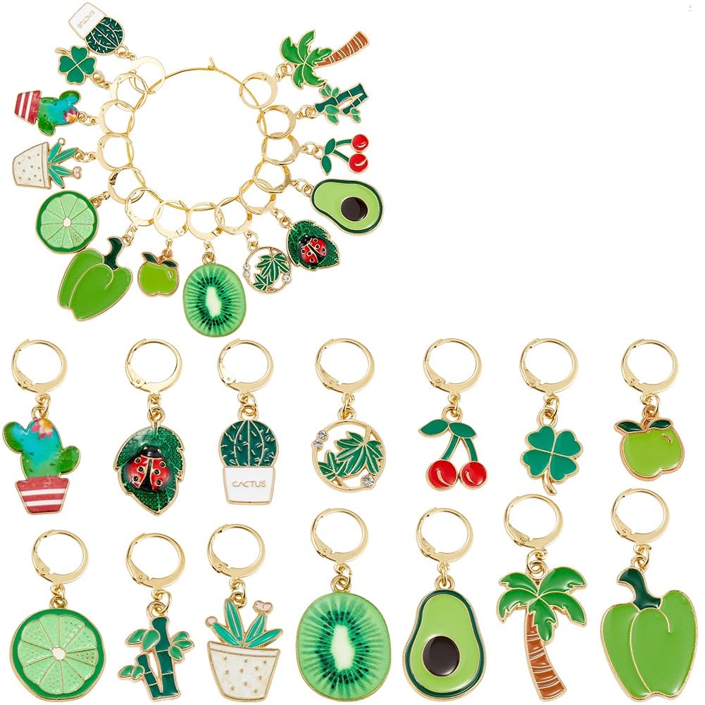 SUNNYCLUE 1 Box 14Pcs 14 Styles Crochet Stitch Markers Knitting Marker Charm Bamboo Avocado Cherry Clover Lemon Apples Cactus Plant Fruit Lobster Clasp Charms for Weaving Sewing Knitting Zipper Gifts