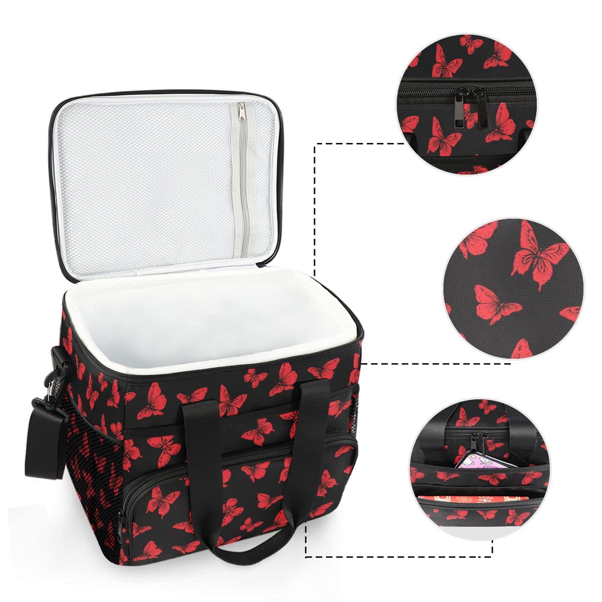Bolsa de picnic de 15 L, 24 latas, bolsa de almuerzo aislada con mariposa, bolsas para viajes, camping, barbacoa, actividades al aire libre, asas, correa para el hombro