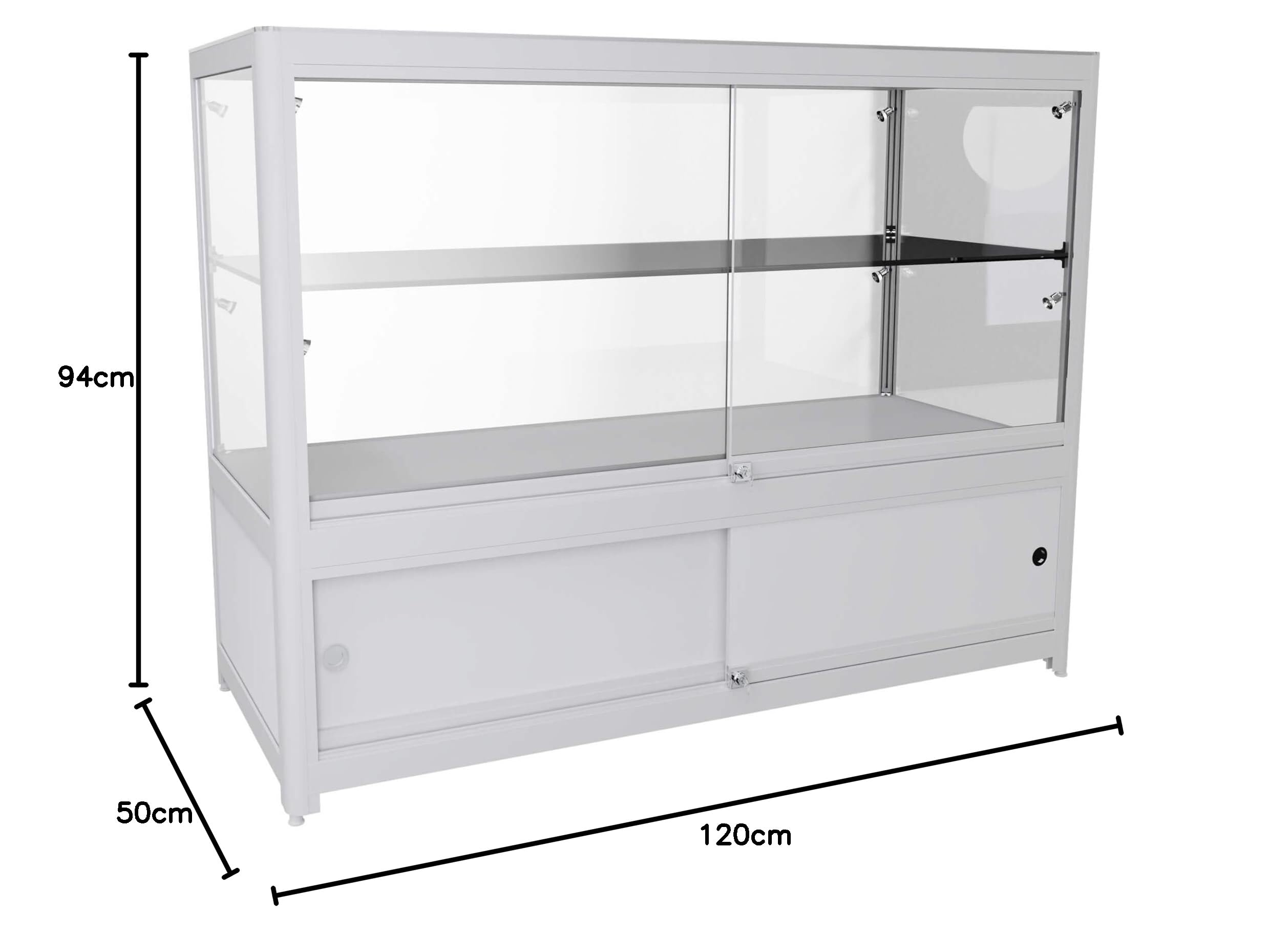 Verkaufsvitrinen silber, Set 3x Thekenvitrine mit Unterschrank B120xH94xT50 cm und 1x Eckvitrine B70,5x H94xT53,5 cm, Schmuckvitrine ESG-Sicherheitsglas mit LED-Spots, Verkaufstheke L-Form