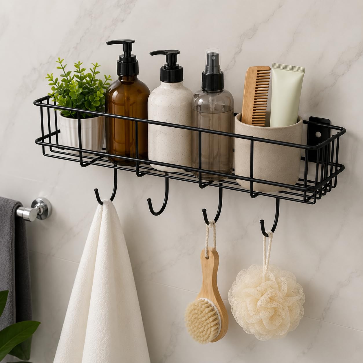 4 Hook Bathroom Shelf for Wall | Heavy Duty Iron & MS Storage Rack | Self Adhesive & Screw Installation | Waterproof Bathroom Organizer for Shampoo, Soap & Accessories | Black - Pack of 1-image-15