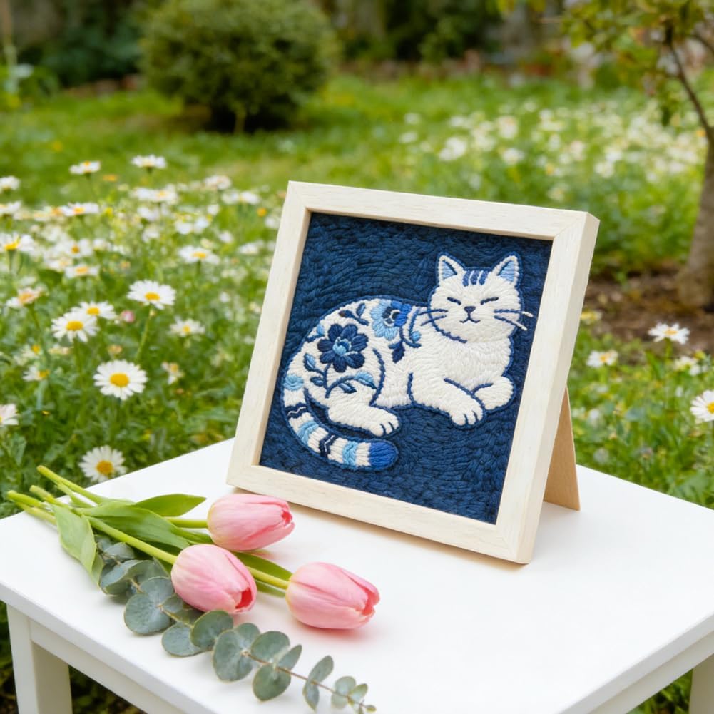 INFUNLY Blue Flowers Cat Punch Needle Embroidery Kit DIY Punch Embroidery Kit for Adults 9.4×9.4" Cat Needlepoint Starter Set Kitten Needles Stitching Kits with Instruction for DIY Craft Lovers Gift image 5