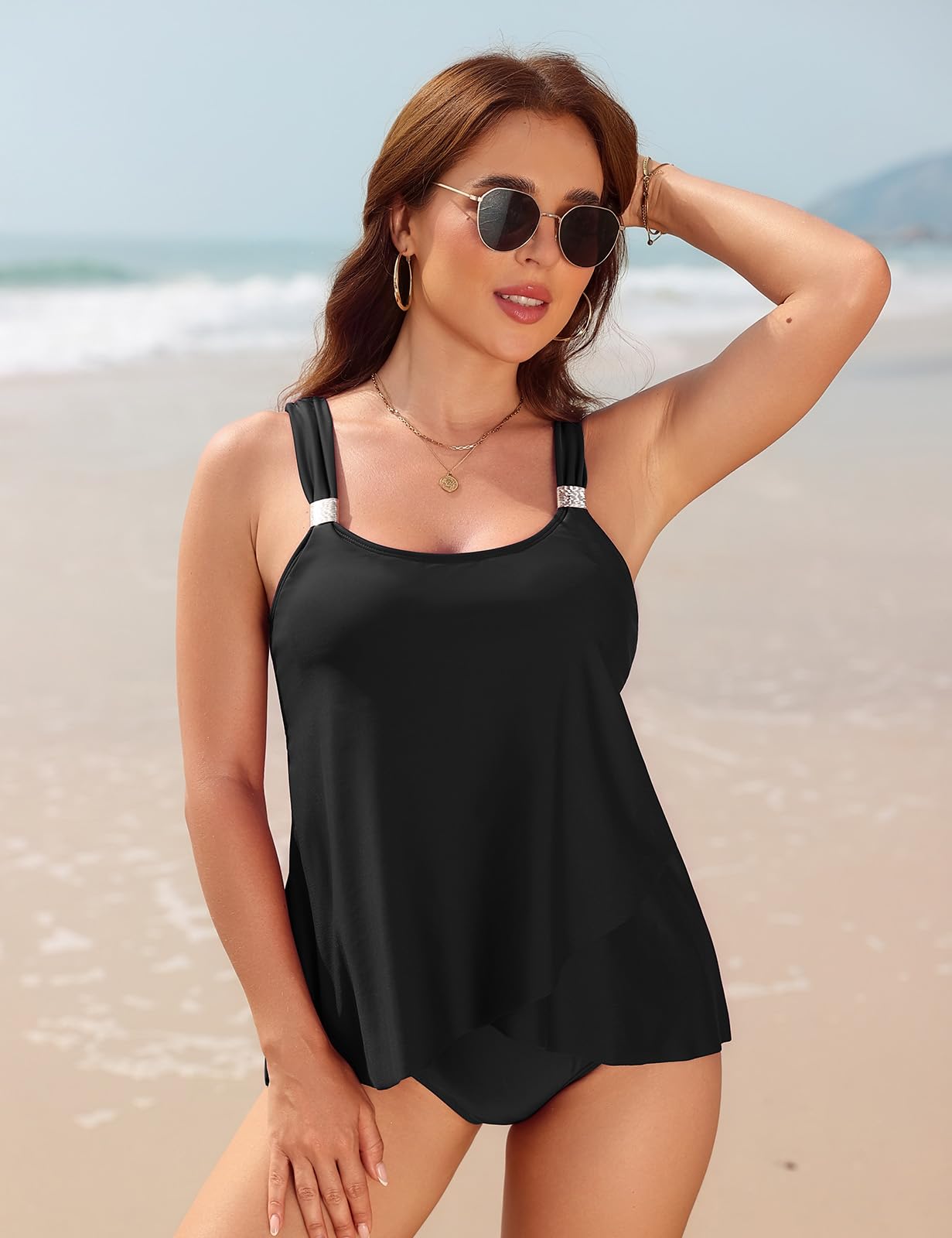 Nadeer Ensemble Tankini Maillot de Bain Femme 2 Pieces Gainant Ventre Plat avec Bas Taille Haute Imprimé à Volants Swimwear Réglable Maillot de Plag Beachwear Swimsuit