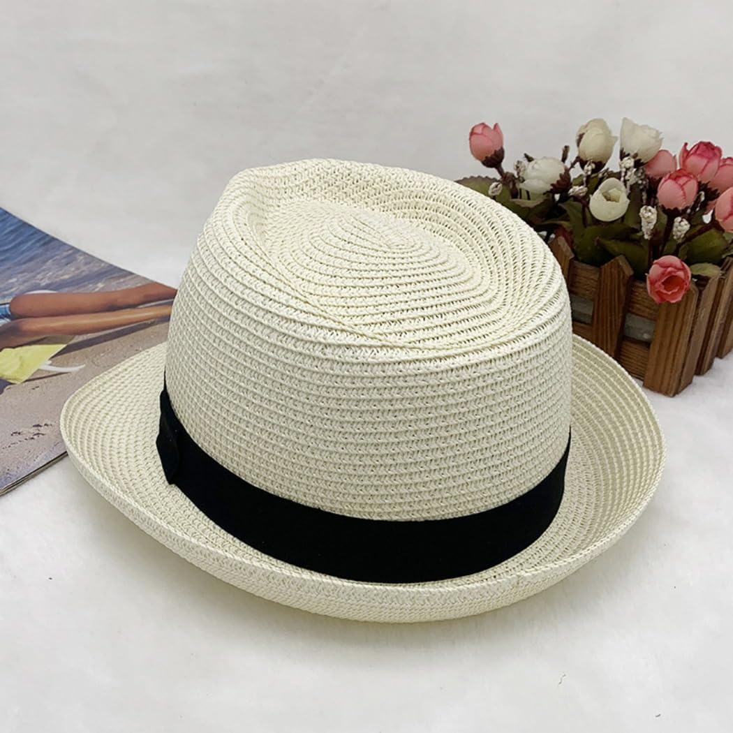 Classic Straw Fedora Hat with Black Band, Natural Tan, Summer Beach Sun Hat
