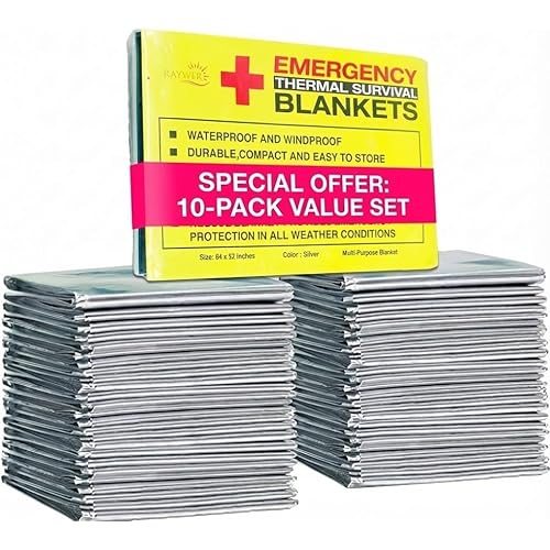 Rawyer Emergency Thermal Survival Blankets (10 Pack), Mylar Blankets for Outdoor, Camping, Hiking, Harsh Weather, Large Silver Thermal Sheets, Heavy Duty Survival Gear (10, 84x52)