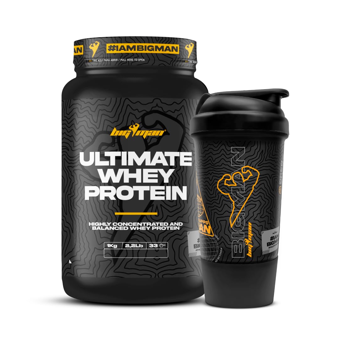 Pack BigMan Ultimate Whey Protein 1 kg + Shaker de REGALO PRO | Aumenta el crecimiento muscular | Entrenamientos intensos | Máxima asimilación (1 KILO, Fresa Platano)