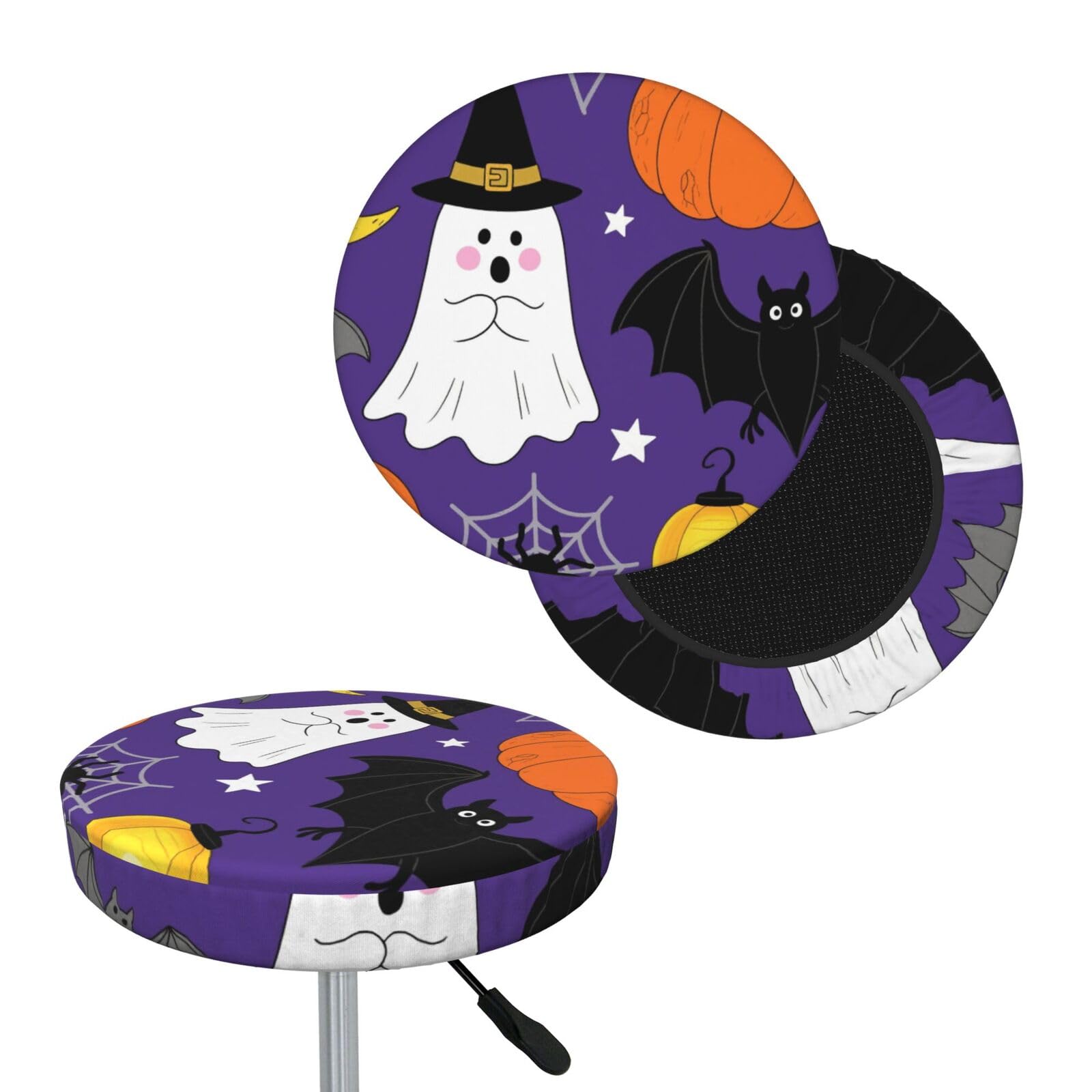 FekiLoot Ghost Pumpkin Moon Bat Spider Web Round Bar Stool Covers Stretch Washable Bar Stool Covers Dustproof Slipcover Bar Chair Covers with Elastic Band for Bar Kitchen Living Room Decor 14 Inch