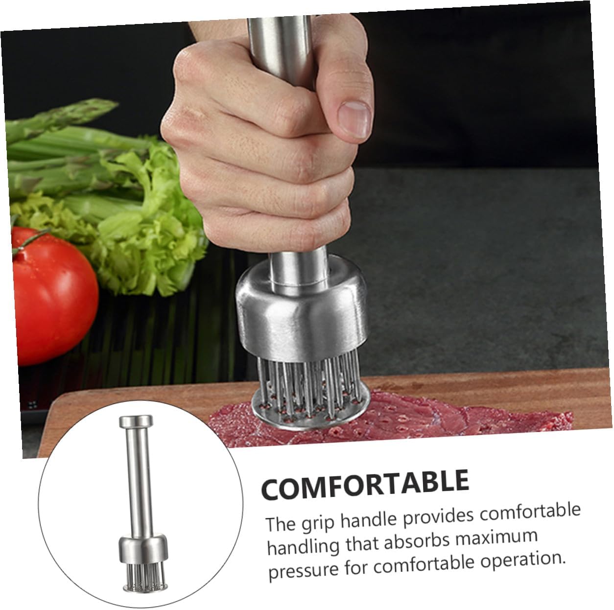 Stainless Steel Meat Tenderizer Needle Tool Efficient Kitchen Pork Steak Mallet for Loosening and Tenderizing Beef Poultry Fish Comfortable Handle Easy to Clean