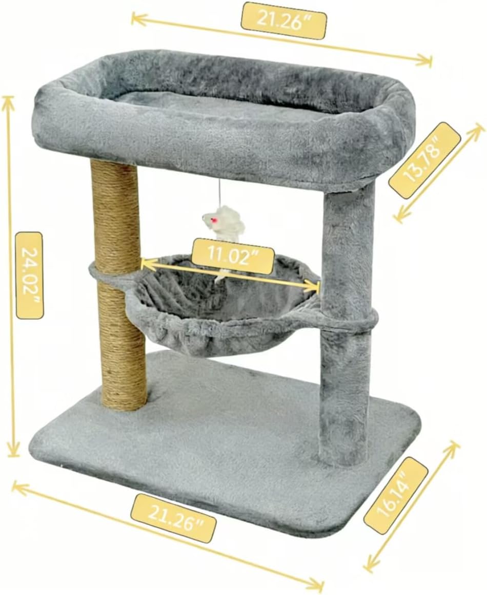 Pawly Small Cat Tree with Hammock & Sisal Scratching Post, Cozy Cat Tower for Indoor Cats up to 25lbs, Plush Top Perch & Interactive Toy, 21 x 16 x 24 Inches, Grey