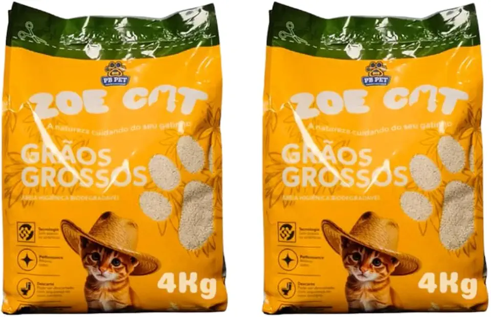 Areia Biodegradável para Gatos ZoeCat 100% Mandioca Natural Grãos Grossos Ultra Aglutinante Kit com 2 Pacotes de 4kg