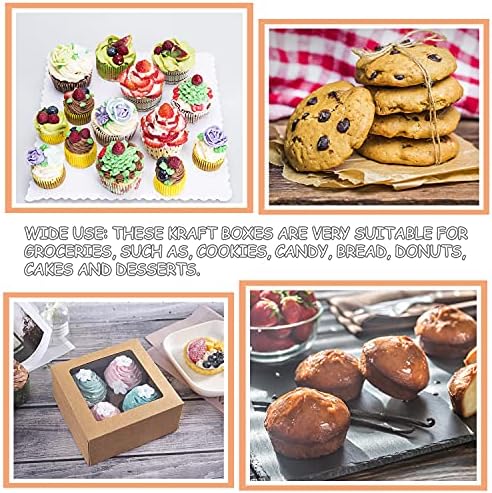 Bakery Boxes Mini Cake Boxes Pie Boxes 4in Brown Kraft Box with PVC Window and 24pcs Sticker Bakery Pastry Boxes for Food,Cookie,Bread,Candy,Pie Slice Gifts Packaging Box with Clear Display Window