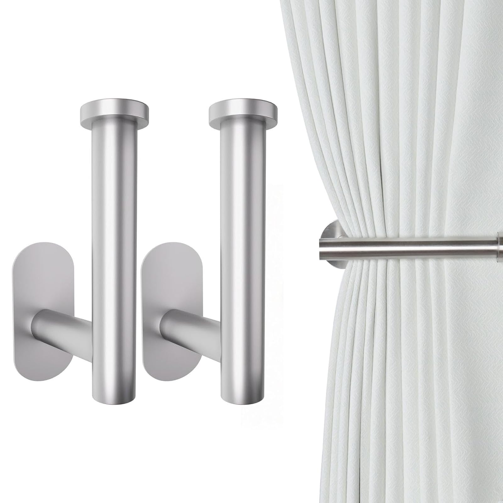 Curtain Tie Backs Hooks, Self Adhesive Curtain Tie Backs Stick On No Drill, Wall Mounted Curtain Holders for Living Rooms Bathrooms, Silver Finish 2 Pack