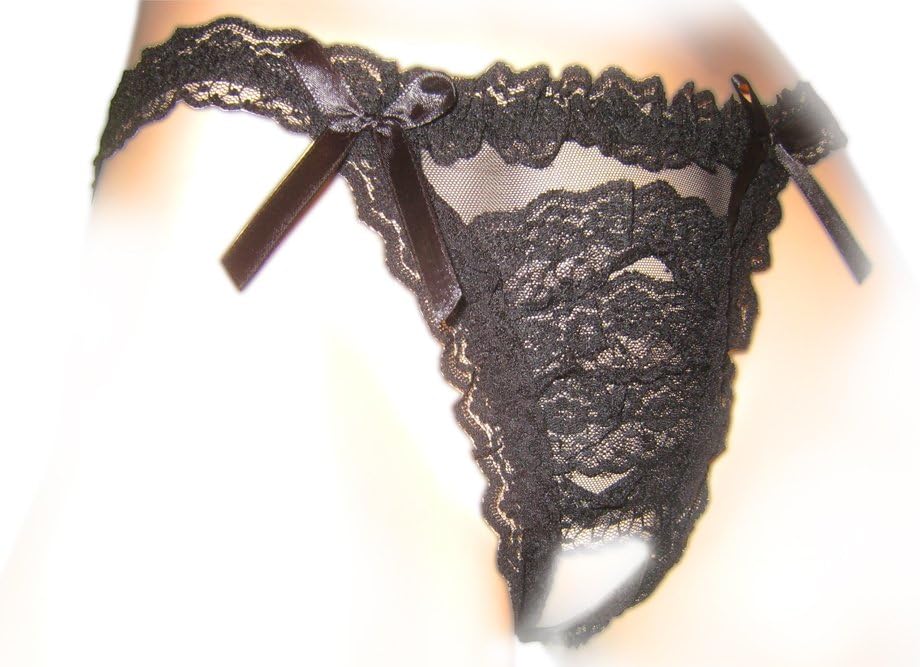 Intimaxy "Fancy in Frills" Blackest Black Open Crotch Thong with Satiny Bows – One Size