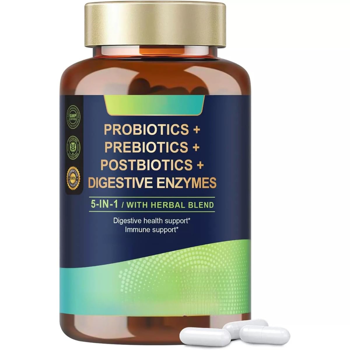Probiotiques 5 en 1 - Prébiotiques et postbiotiques pour femmes, hommes pour la santé digestive - Sans gluten - Sans OGM - Végétalien