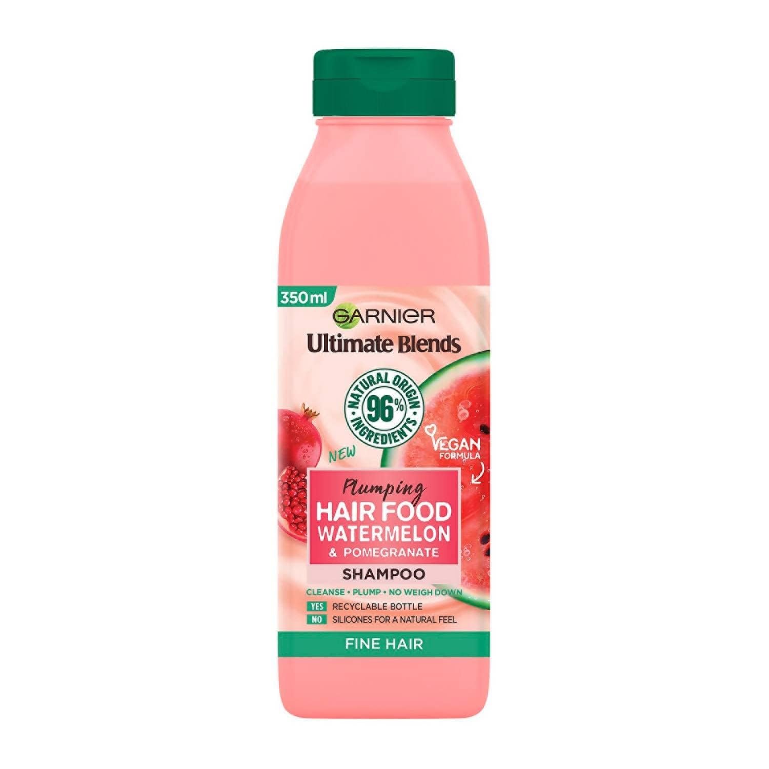 Garnier Hair Food Watermelon Shampoo, Fine Hair Feels Plumped, Up to 8x Smoother. Boosted with Vitamins C, E, F 350ml, No Silicone, No Artificial Colorants, Cruelty Free, Vegan