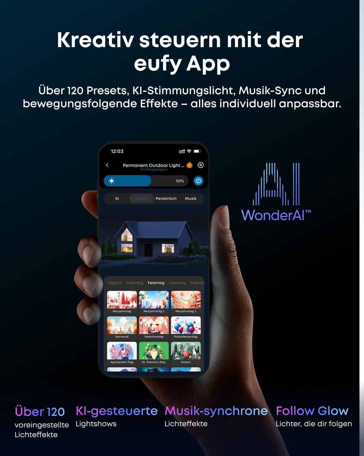 eufy Festinstallierte Outdoor-Lichterkette S4 – 30 m mit 72 LEDs, Radaraktivierte Beleuchtung, IP67 wasserdicht, KI-Stimmungslicht, Steuerung mit eufy-Kameras, Smart-RGBWW für Alltag & Feiertage