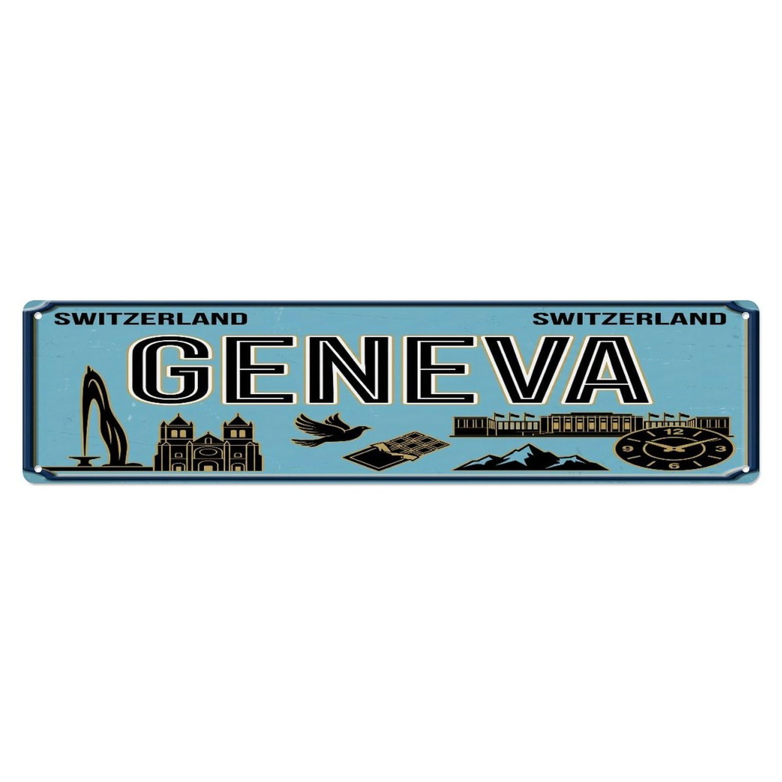 Metal Tin Sign Vintage Travel Geneva Switzerland Fountain Watch