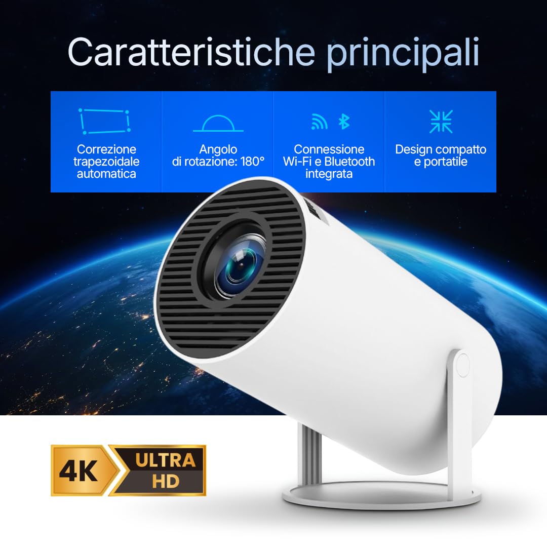 Mini Proiettore Portatile con WiFi 5G e Bluetooth 5.0 - Proiettore LED con Android OS, Correzione Trapezoidale Automatica, Supporto 4K, Ideale per Home Theater e Intrattenimento