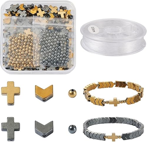 Miniatura 7 de Pandahall - 442 cuentas de hematita natural de 0.118 pulgadas (0.118 in), cuentas redondas sueltas con dije de cruz de hematita con cordón elástico