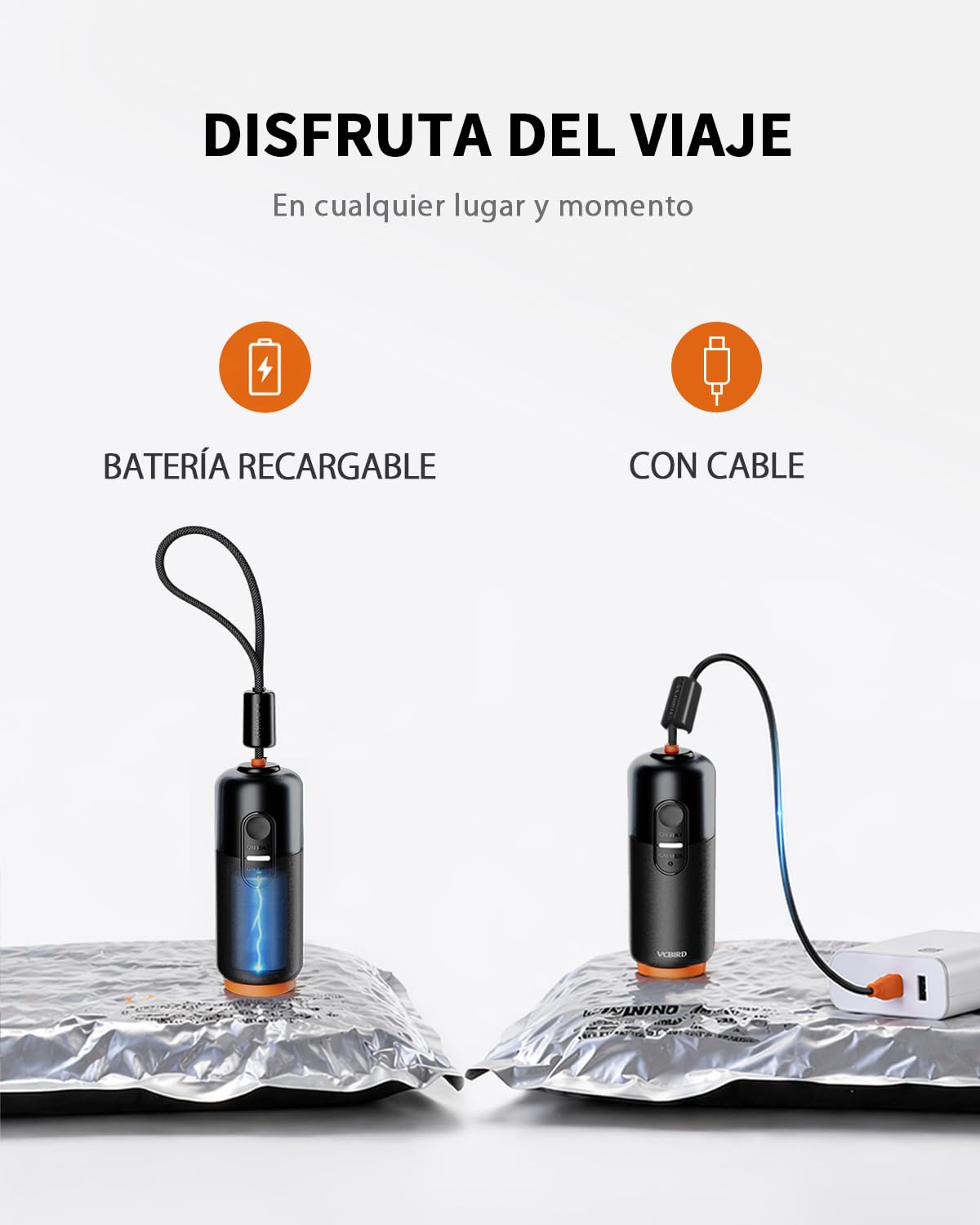 Vacbird 10 Bolsas Vacio Ropa con Bomba de Vacío Eléctrica Inalámbrica, 5 x 40 x 54 cm y 5 x 47 x 64 cm, Especialmente Diseñadas para Organización de Maletas y Viajes
