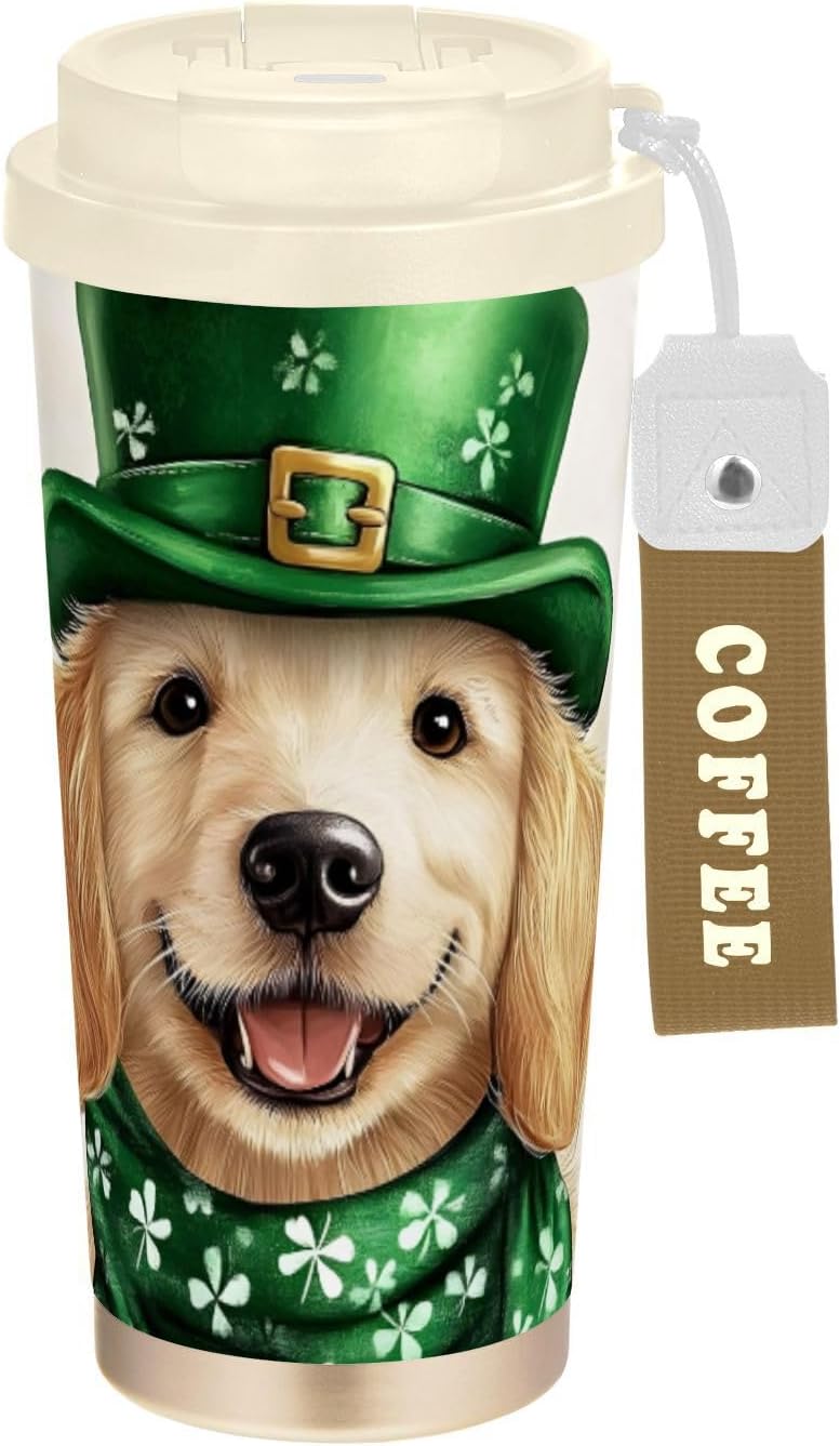 Dog St Patricks Insulated Coffee Mug with Straw & Flip Lid, 16.9oz Iced Tumbler Cup, Double Wall Vacuum Mug for Travel Office